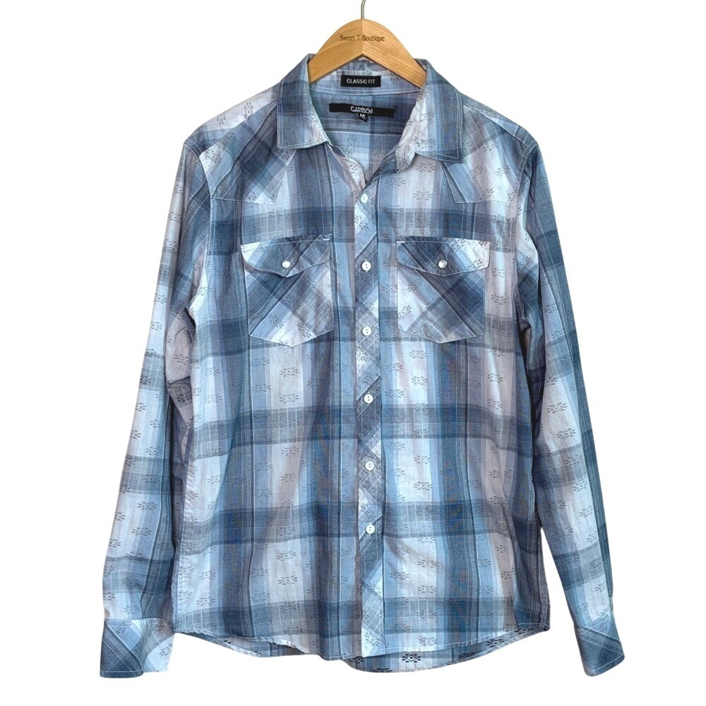 CARBON Men Medium Classic Fit Blue White Plaid Western Shirt Roll Tab Sleeve